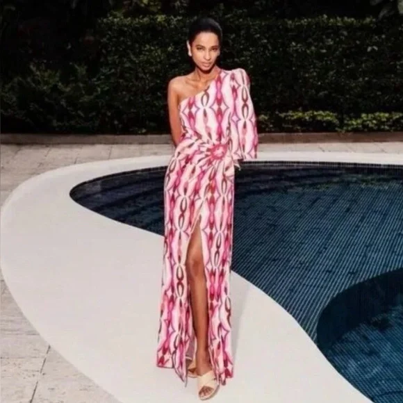 NWT PatBO Twist One Shoulder Maxi Dress Flamant PINK FWRD NEW OFFSHOULDER MAXI - Picture 1 of 4
